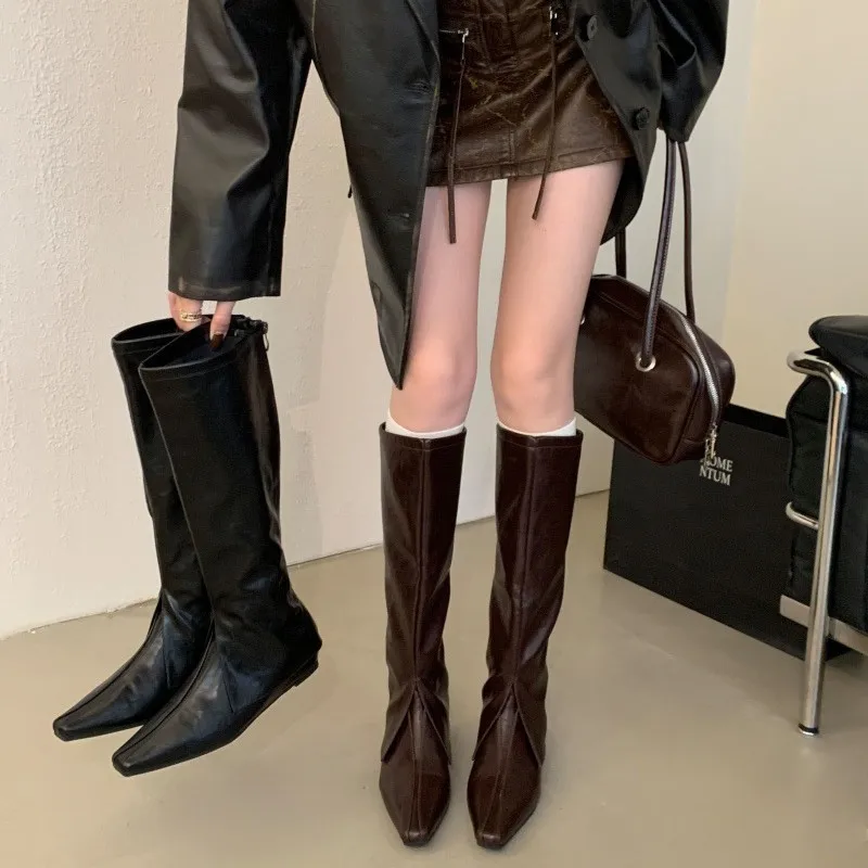 

Женские высокие рыцарские сапоги с квадратным носком и мягким лицом, ботинки челси на толстом каблуке с рукавами, увеличивающие рост, модные однотонные