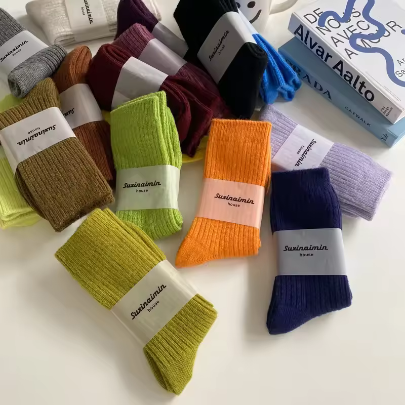 1 Pair Women Cotton Loose Socks Autumn Winter Knitting Solid Color Long Black Pink Korean Japanese Student Girls Stockings Retro - Image 2