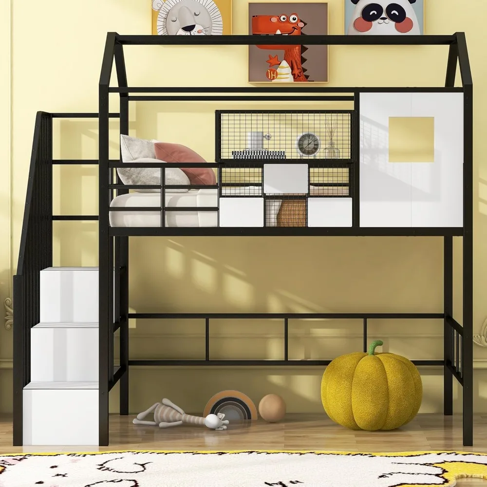 Twin Loft Bed with Storage Stairs, Roof, Window and Guardrail, House Size/Metal Box, for Kids, Girls Boys, Size Black