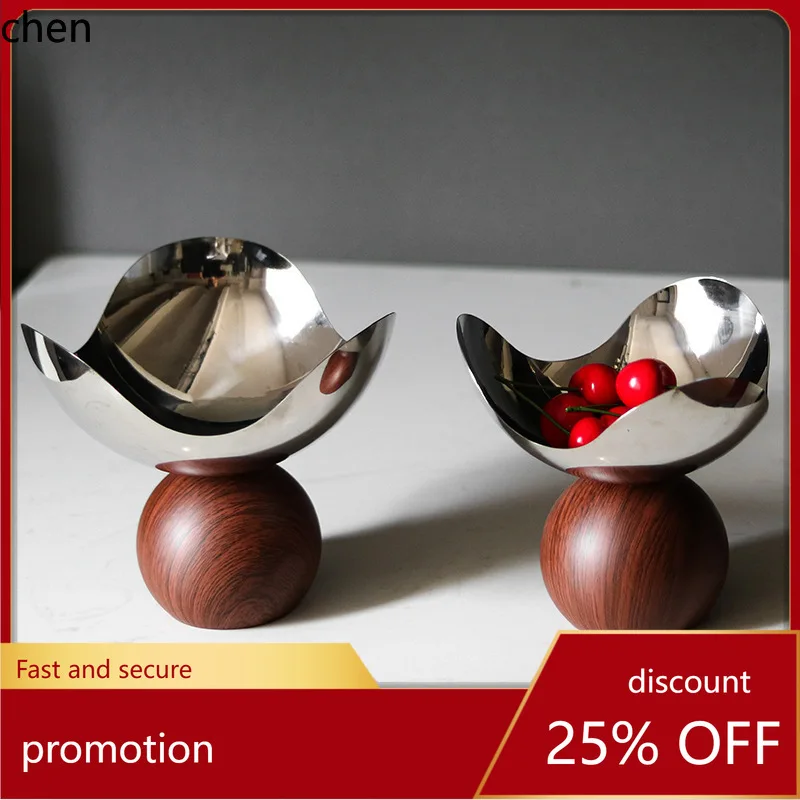 

H1 High-stand round fruit bowl ornament with imitation wood grain, metal three-leaf snack and dried fruit bowl decoration