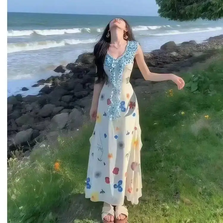 

French Style Floral Print Off Shoulder Maxi Women's Casual Summer Beautiful Long Dress Empire Waist Ankle Length Skirt