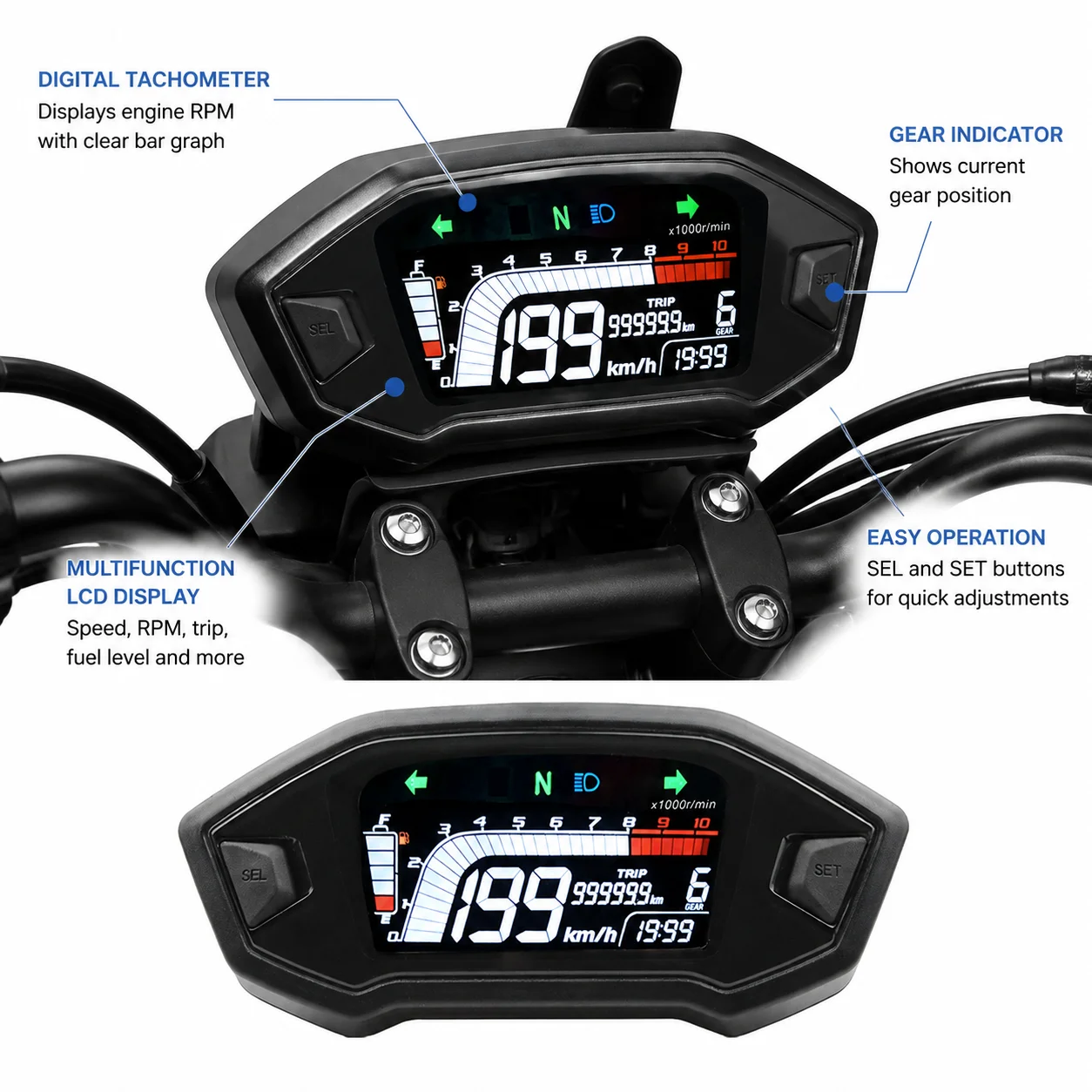Motorcycle Digital Speedometer Tachometer Dashboard LCD Display, Max 10000 RPM, Compatible with 2–4 Cylinder Engines