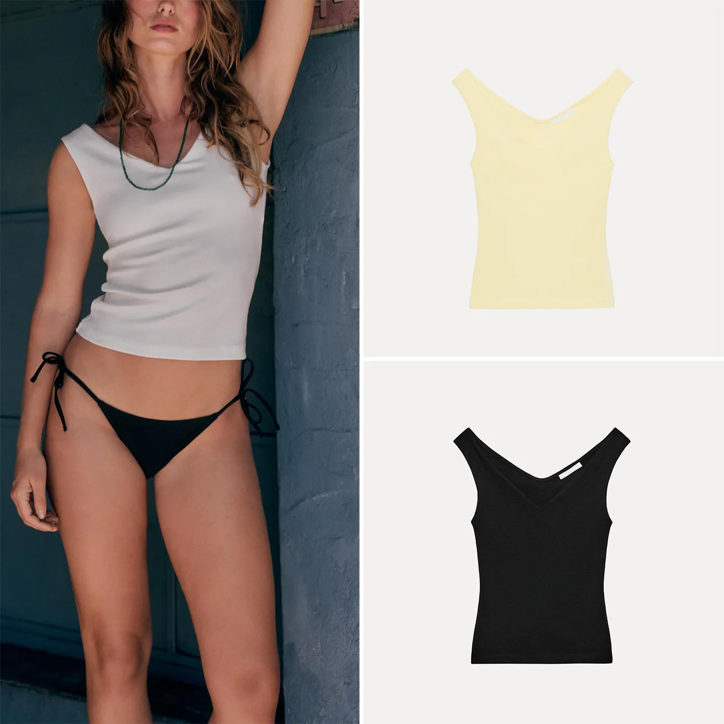 Fashionable Shoulder-baring Sleeveless V-neck T-shirt Women's Casual Style Slim Fit Short Length Top in Multiple Colors for S...