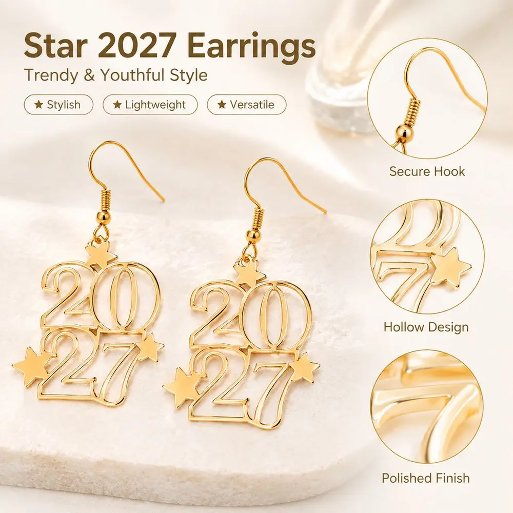 New Metal Iron 2027 Earrings Long Drop Style Hollowed-out Design Dangle Drop Earrings Star Shape Digital Earrings For Women