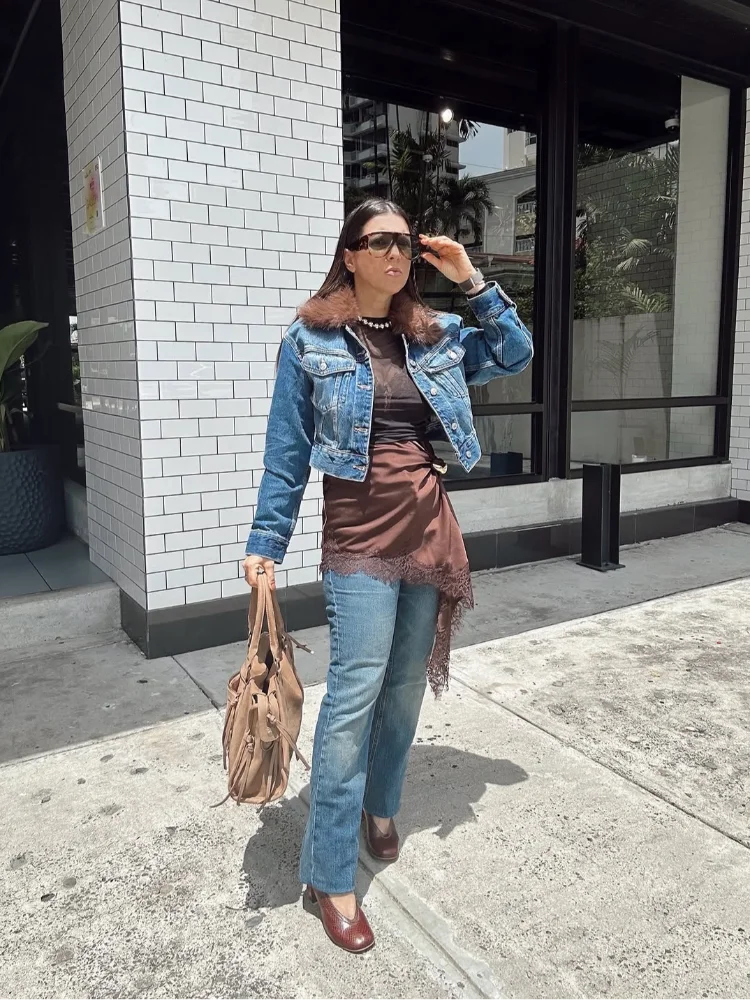 المرأة خمر الأزرق الفراء طوق الدنيم سترة عادية واحدة الصدر كم كامل التلبيب معطف قصير 2026 سيدة الشارع ملابس خارجية جديد #1