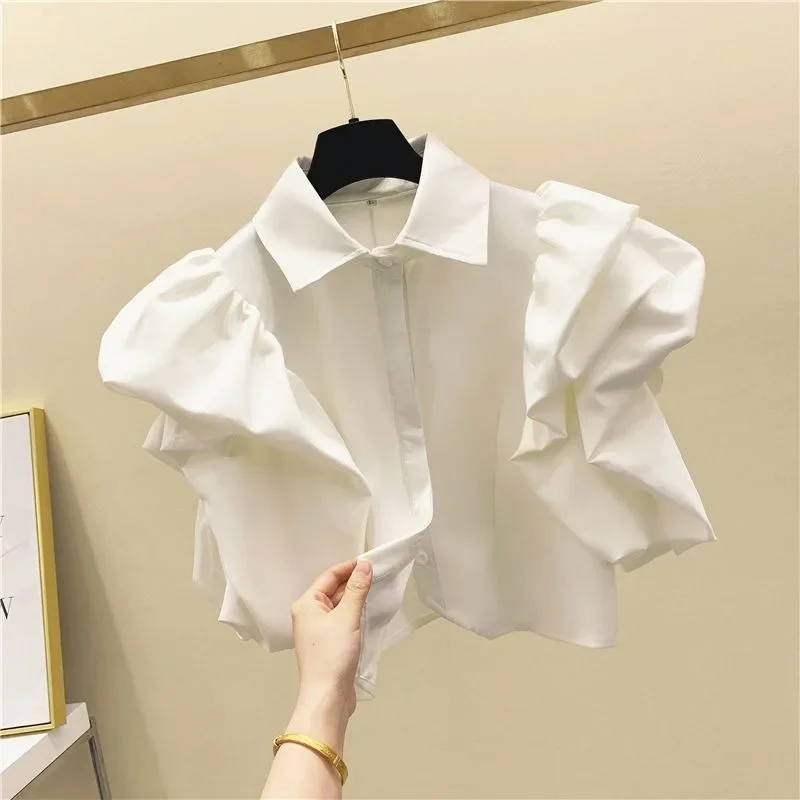 Bubble Sleeved Chiffon Short  Shirt Blusas Mujer Casual Crop Top New White Shirts Camisa Feminina   De Moda