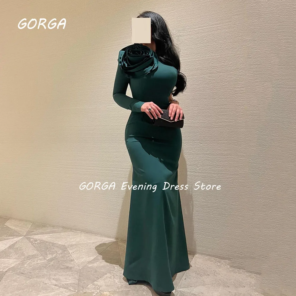 GORGA Green One-Shoulder 3D Flowers Mermaid 2024 Slim Crepe Long Sleeve Ocassion Gown Floor-Length Formal Evening Dress