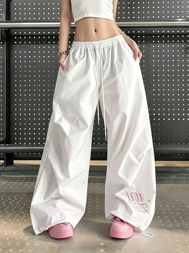 Streetwear White Cargo Pant Women High Waist Loose Vintage American Y2K Trousers Summer Letter Hip Hop Pockets Parachute Pants