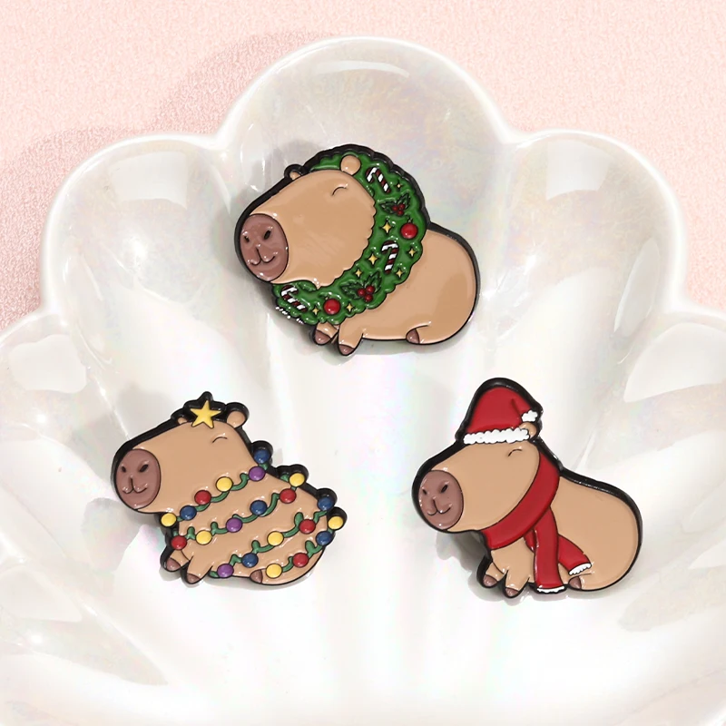 Christmas Capybara Enamel Pins Custom Cartoon Animal Badges Lapel Brooches Jewelry Accessories Gift For Friends