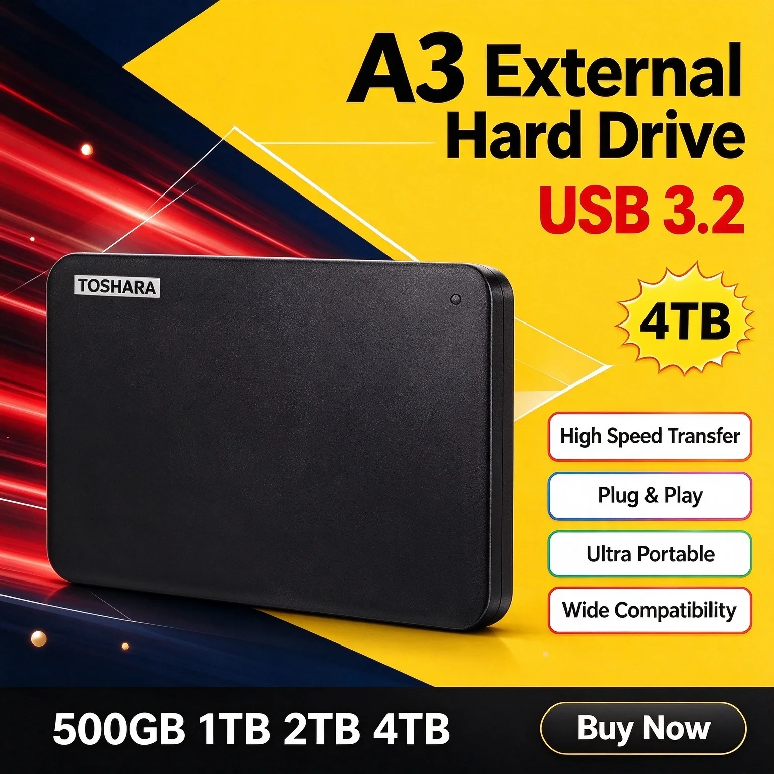 2026 New Portable Hard Drive A3 SSD 500GB 1TB 2TB 4TB SSD Black External Hard Drive USB 3.0 Portable for Gaming Console Office