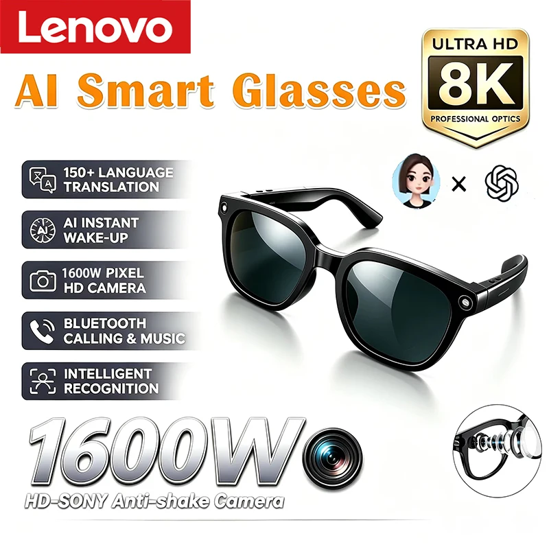 

Lenovo 2026 New 8K AI Translation AI Smart Glasses Bluetooth Calling Music Player Camera Control Anti Blue Light Sunglasses