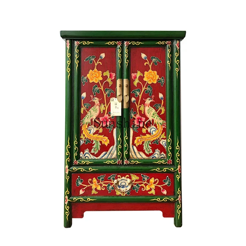 

New Chinese classical furniture solid wood drawing painted bedside hand painted entrance retro locker