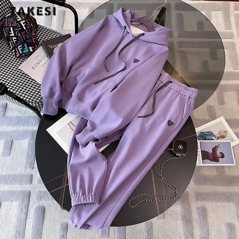 

2023 Autumn Winter Sporty Sweet Two-piece Set Women Long Sleeve Sweatshirt + Elastic Waist Trousers Casual Purple Pants Suits
