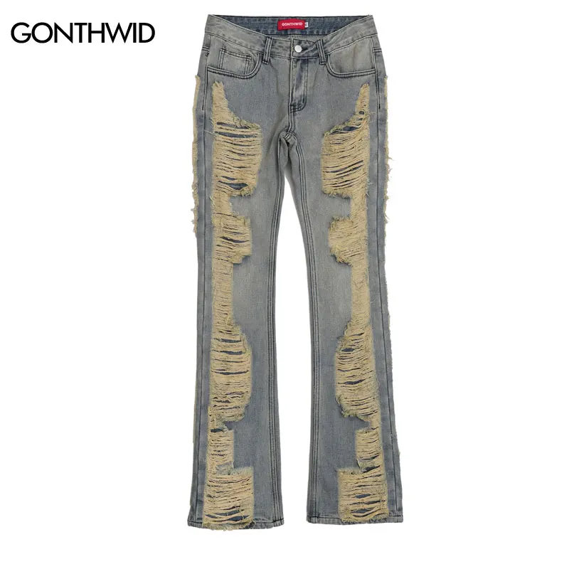 Hip Hop Jeans Y2K Streetwear Ripped Destroyed Punk Denim Pants Men Harajuku Fashion Baggy Wide Straight Leg Jeans Trousers Blue