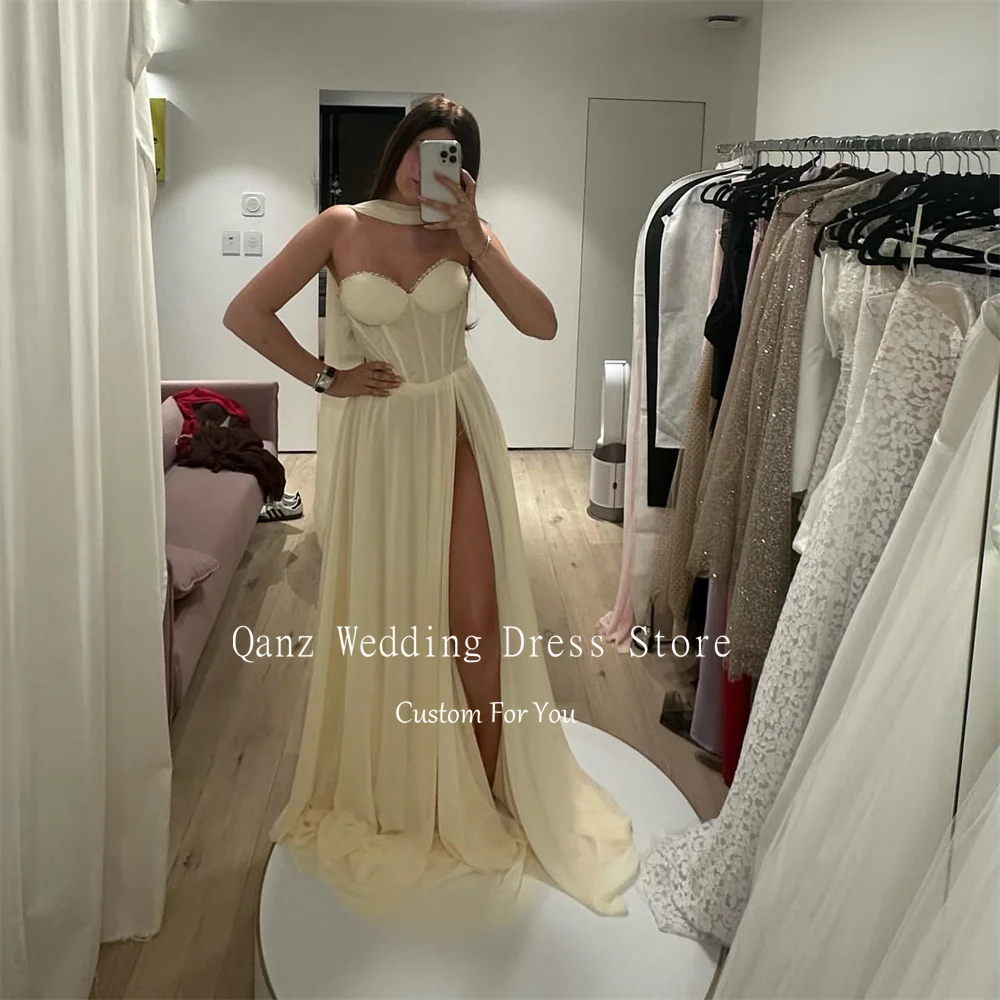 

Qanz Elegant Yellow Evening Dresses Long A Line High Slide Slit Formal Dresses Woman Sweetheart Robes De Soirée Customized