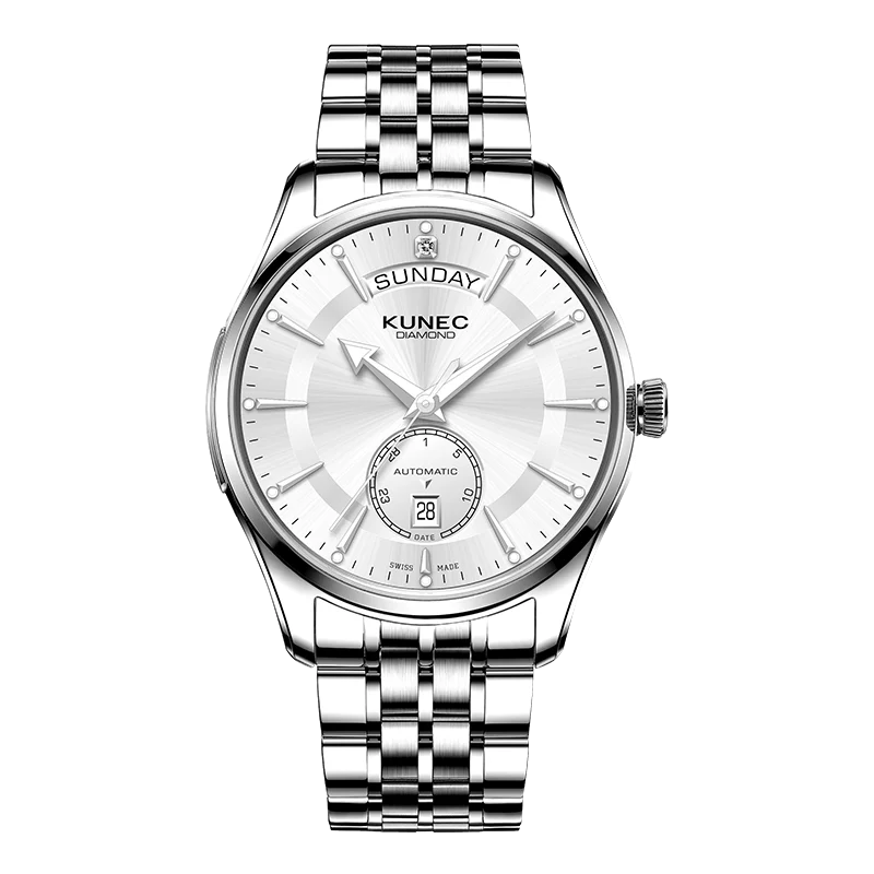 

kunes white business casual Swiss mechanical movement fully automatic men's watch sapphire stainless steel week calendar watches