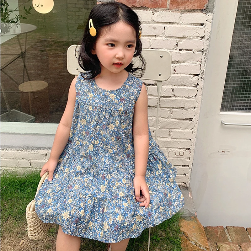 Summer Girls Dress Sweet Princess Vestidos Flower Pleated Short Sleeve Dress New Fashion Kids Outfit Loose Children'S Clothing