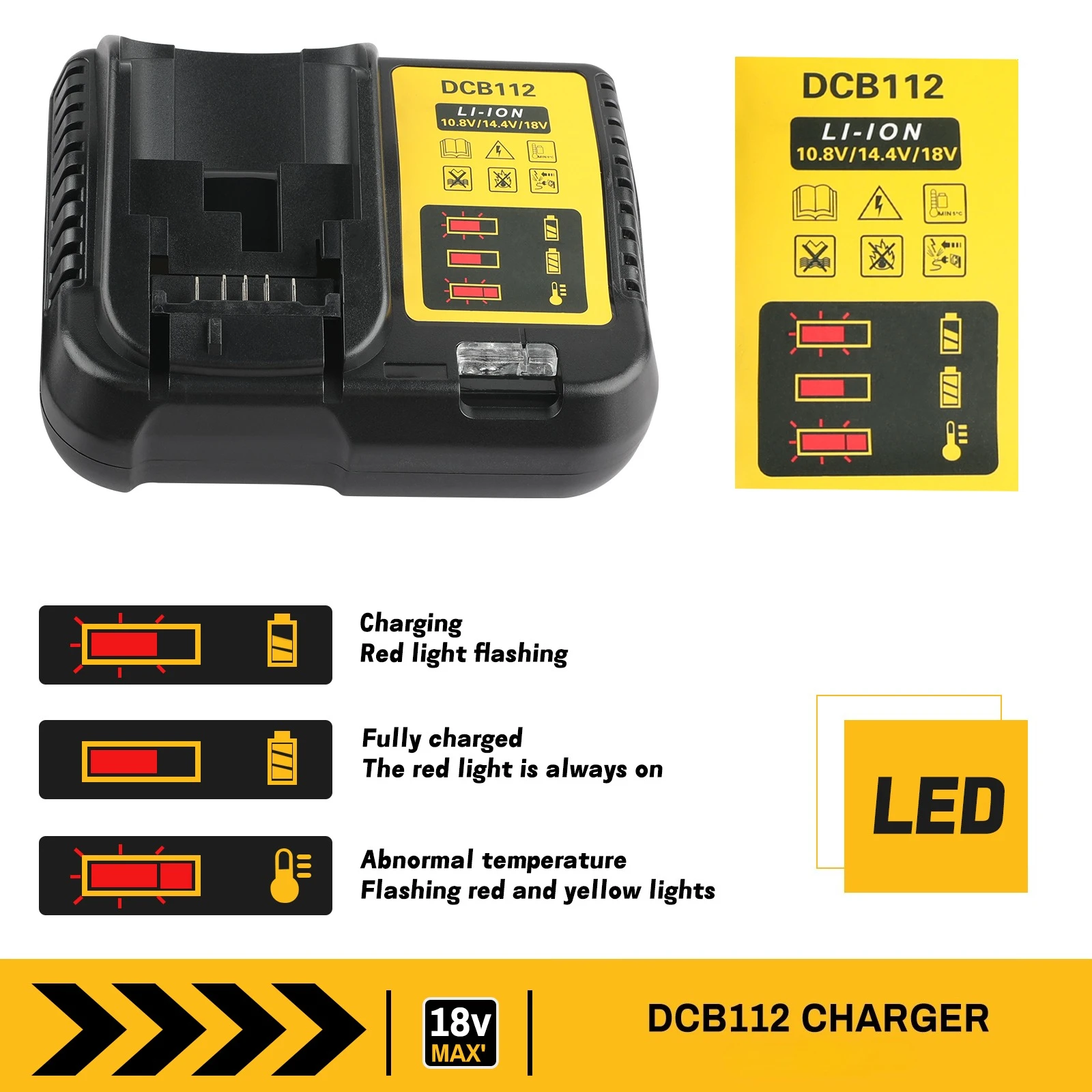 

Зарядное устройство DCB112 для аккумуляторов Dewalt 10,8 В, 12 В, 14,4 В, 18 В, 20 В, DCB206, DCB205, DCB204, DCB203, DCB120, DCB107, DCB115, DCB105 (без аккумулятора)