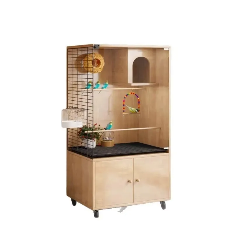 Luxury solid wood bird cage with glass doors and convenient wheels Eco-friendly breathable parrot villa