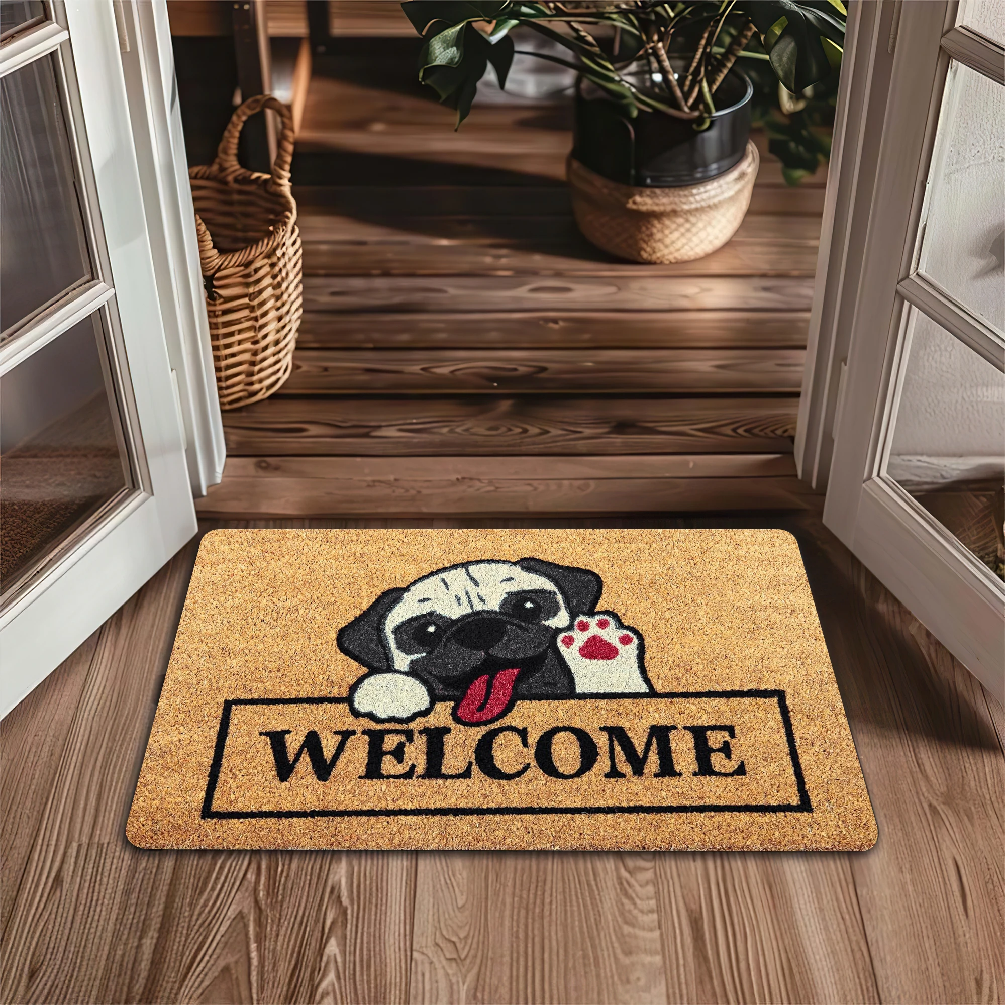 Adorable Pug Welcome Doormat Non-Slip Rubber Back Funny Peeking Pug Paw Entry Mat Cute Home Decor Rug for Front Door