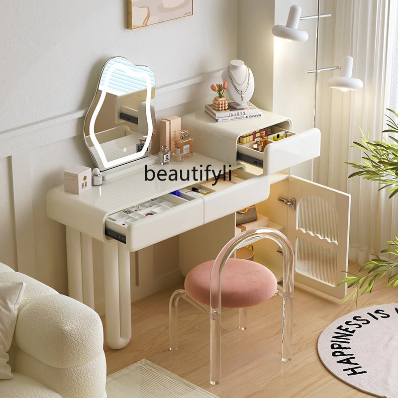 Retractable Cream Style Dressing Table Bedroom Modern French Makeup Table Storage Cabinet Integrated