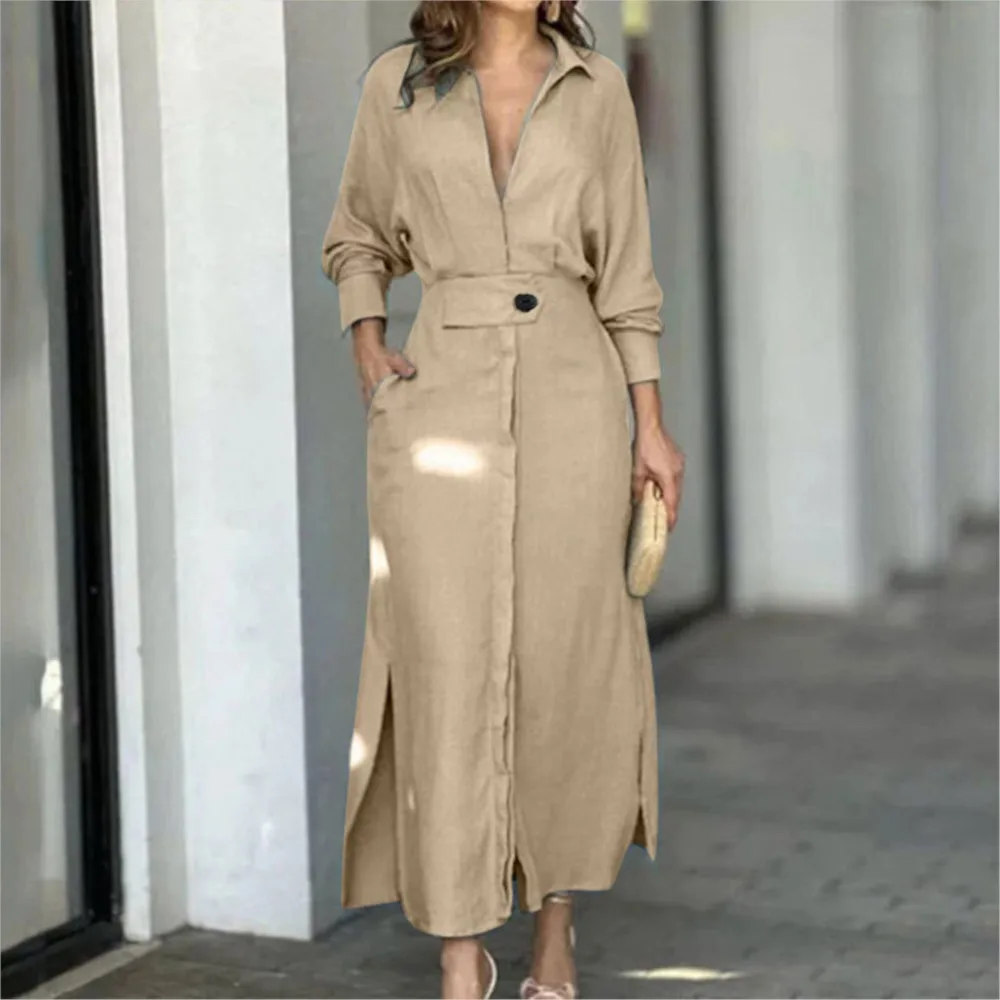 Fashion Dress For Women Luxury Elegant Solid Evening Dresses 2024 Spring New Party Slit Chic A-line Long Sleeve Shirt Dress Robe