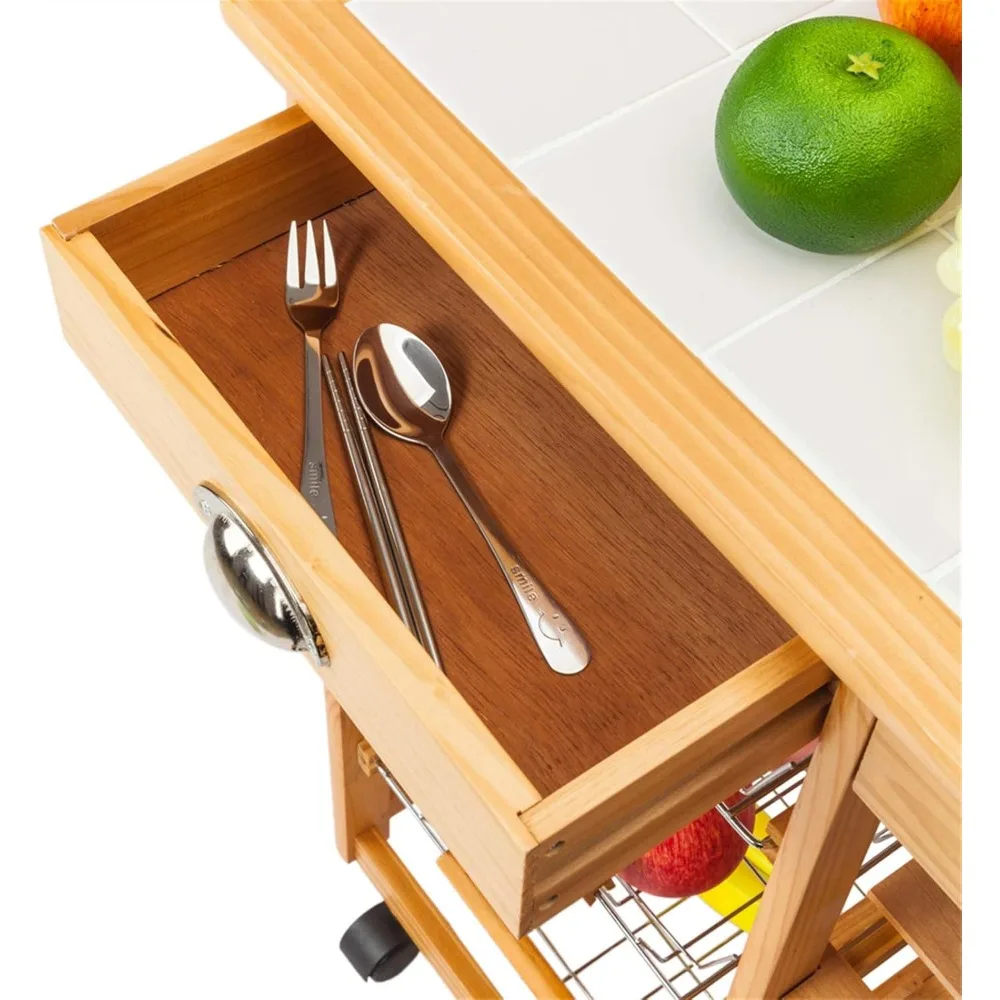Moveable Kitchen Island Cart Rolling Wood Kitchen Storage Trolley Utility Cart Rack w/Storage Drawers/Baskets Dining Stand Stora