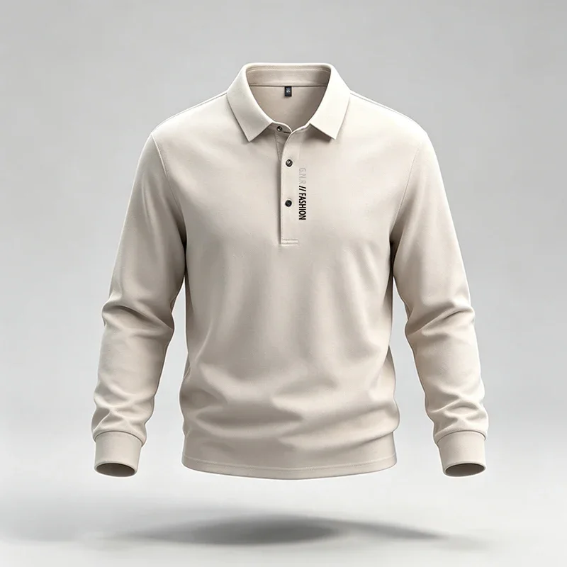 Men Casual Lapel Long Sleeve Top Three Button Placket Vertical Letter Print Ribbed Cuff Regular Cut All Match Wear Polo Shirt