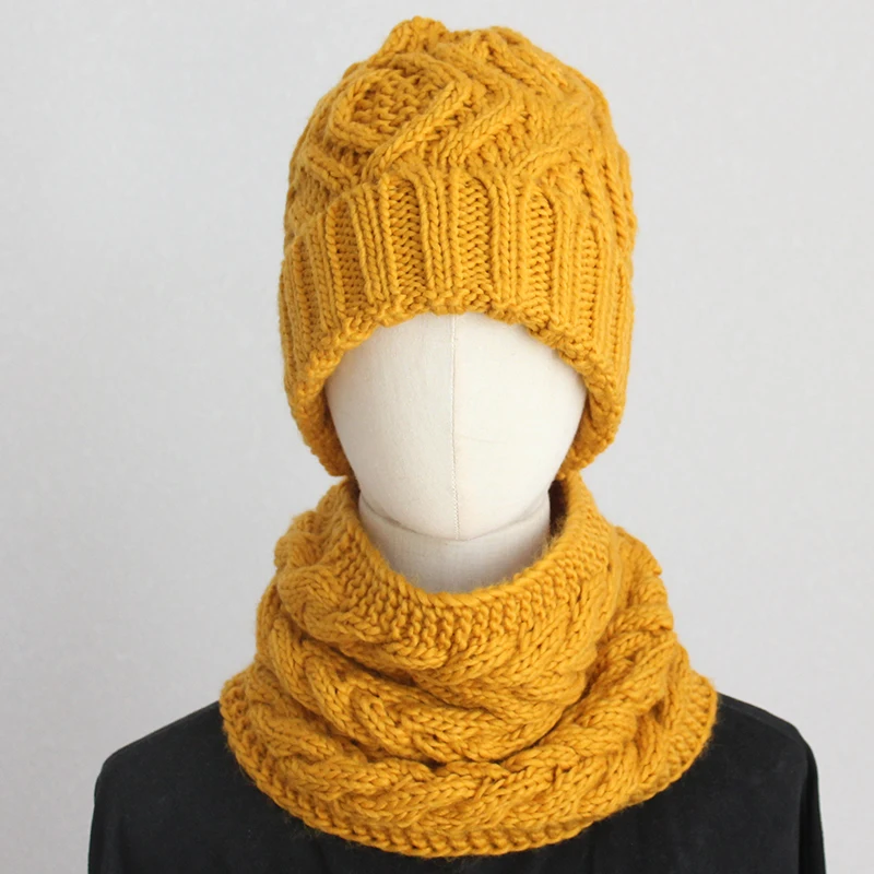 Women Winter Hat Scarf Set Solid Color Twist Knitted Winter Beanie Women Hat Snood Set