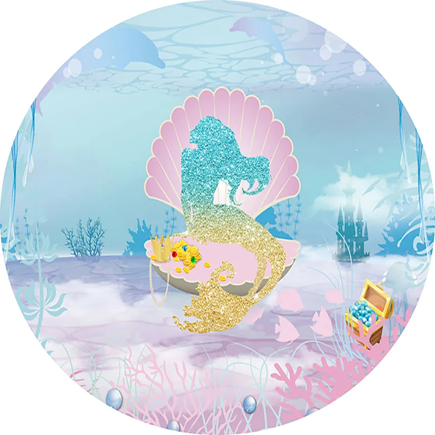 Mehofond Round Backdrop Mermaid Princess Birthday Decoration Summer Girl Baby Shower for Photography Background Custom Text