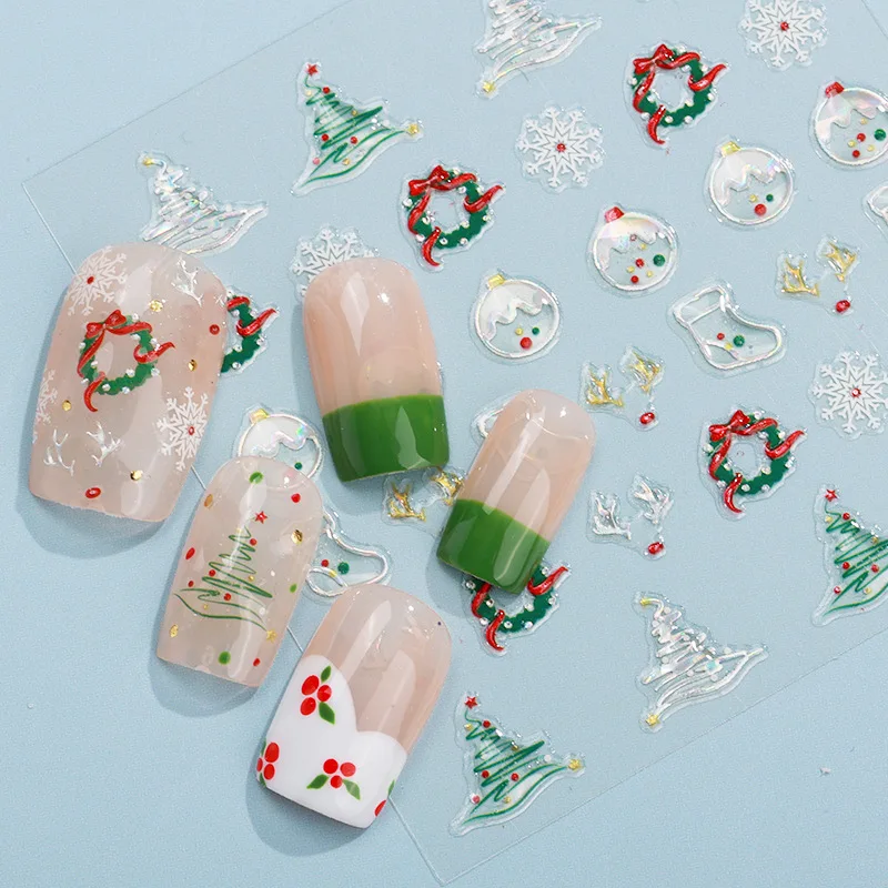 5D en relieve árbol de Navidad pegatina artística de uñas lindo invierno Santa Claus copo de nieve alce grabado deslizador decoración de manicura