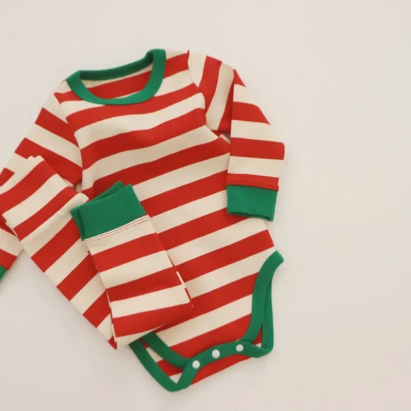 Pure Cotton Baby Pajamas Sets Red Green Striped Infant Boy Girl Pyjamas Romper Pants 2pcs Sets Long Johns for Christmas New Year