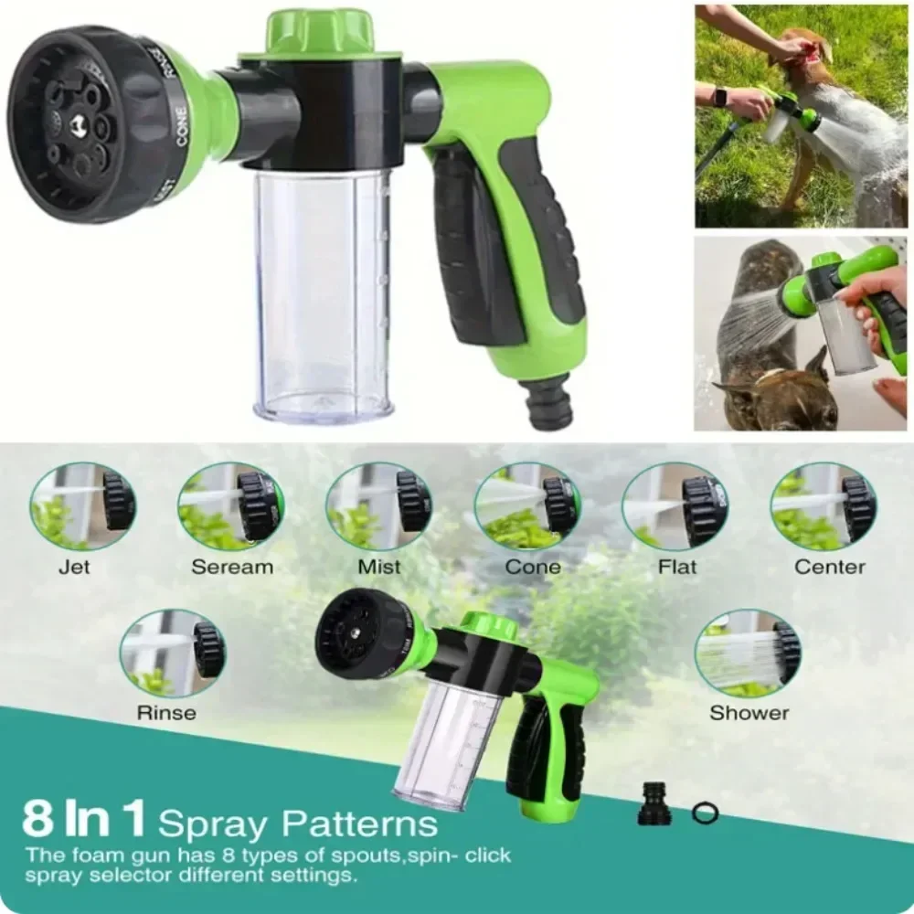 8 Function Foam Water Sprayer for Dogs Uncharged Pet Bath Shower with Glass Synthetic Rubber Material Garden Watering and C