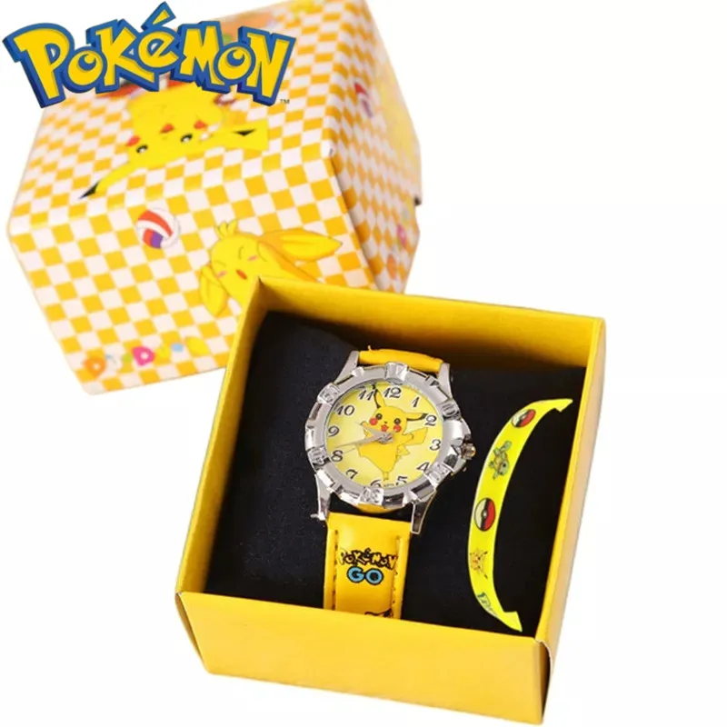 2pcs Set Anime Pokemon Pikachu Silicone Watch With Bracelet kids Quartz Wrist Cartoon Figure Boys Girl Watch Bracelet Gift Toys