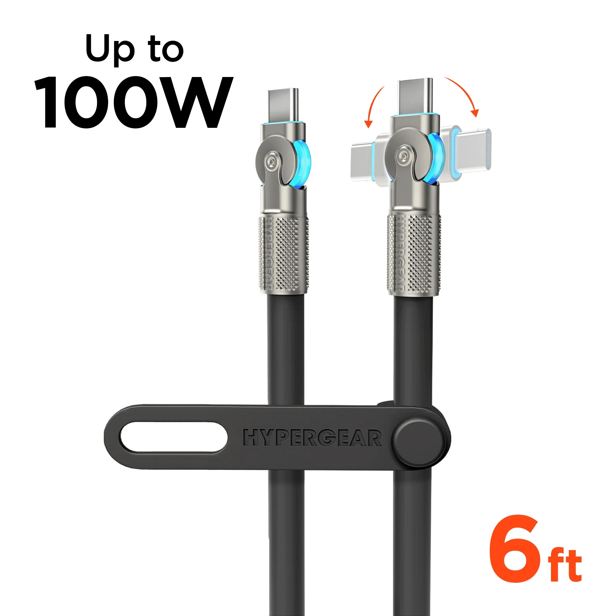 HyperGear Chunky180° 100W USB-C To USB-C Rugged Fast Charge Cable – 6ft Extra-Thick Braided Cord with Dual 180° Rotating Tips, LED Indicators, Zinc Alloy Housing, Supports Power Delivery for Laptops, Tablets & Phones