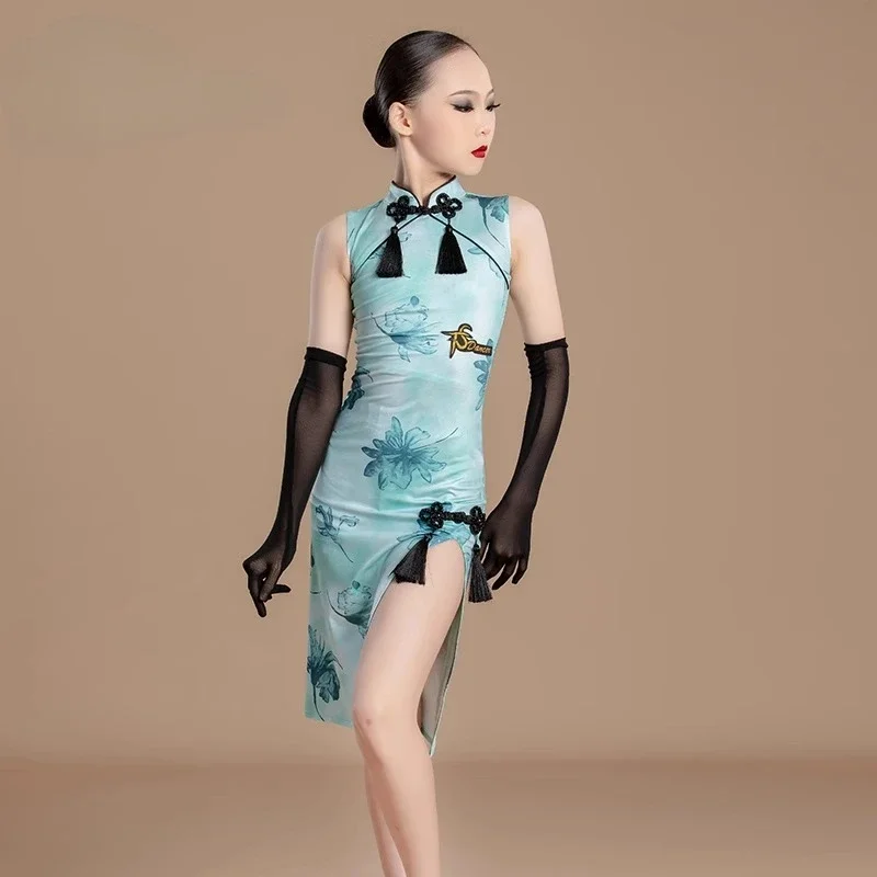 

New children's Latin dance girls' practice performance costumes competition performance classical cheongsam with Chinese style
