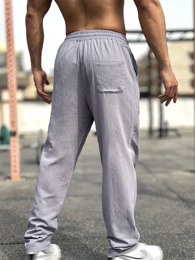 2024 Summer Mens Casual Pants Cotton Linen Solid Color Loose Drawstring Pants Streetwear Men Fashion Lace-up Straight Pants Male