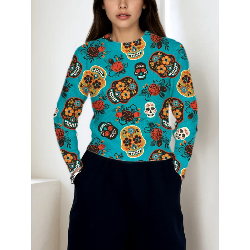 

Halloween Rose Skull Pattern Digital Print Women Sweater Knit Pullover Warm Soft Loose Crew Neck Long Sleeve Autumn Winter