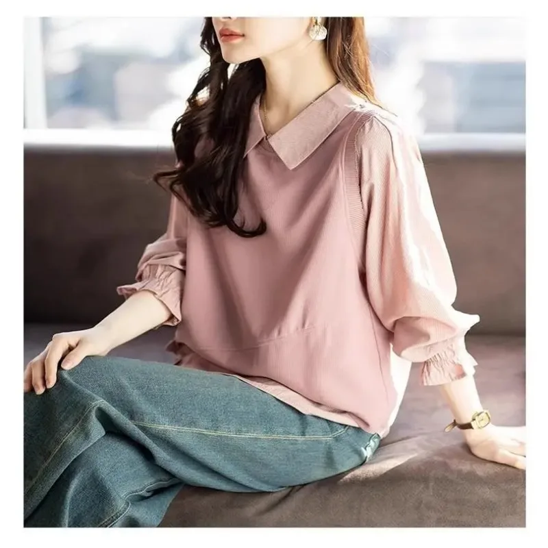 

Long-sleeved Shirt for Women Spring Autumn European Loose Fake Two-piece Top Fashion Slim
