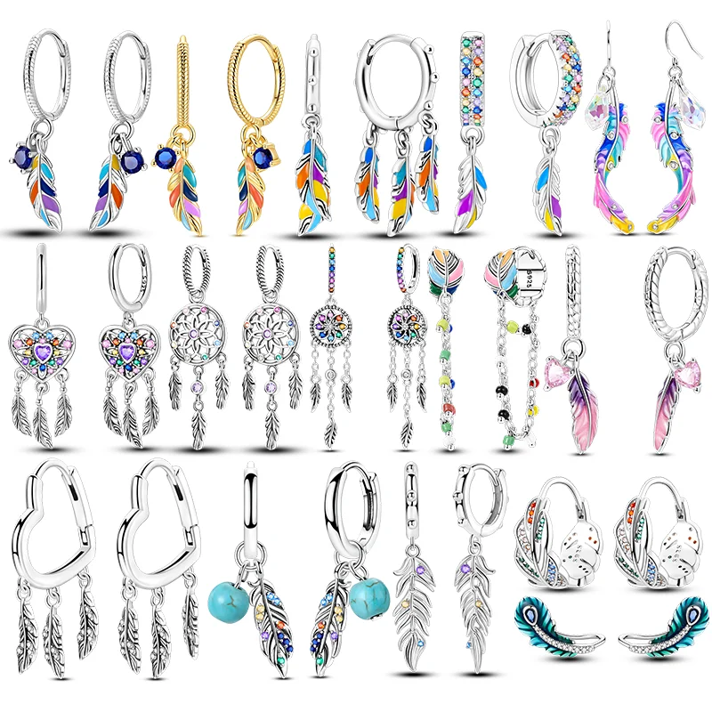 Hot Sale 925 Sterling Silver Hoop Earrings Tassel Feather Series Fit Teens Women Sparkling Classic Wedding Jewelry Gifts