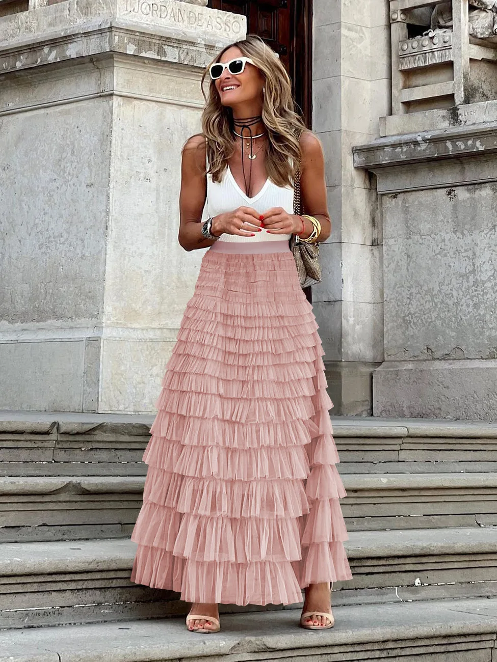 Solid Multilayer Ruffle Mesh Skirt Women Boho High Waist Long Maxi Tulle Skirt Spring Summer Party Women's Clothing