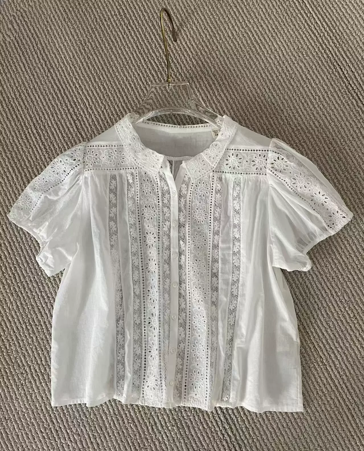 

2026 Female 100% Cotton White Shirt Embroidery Hollow Out Short Sleeve Peter Pan Collar Single Breasted Fashion Women's Blouse