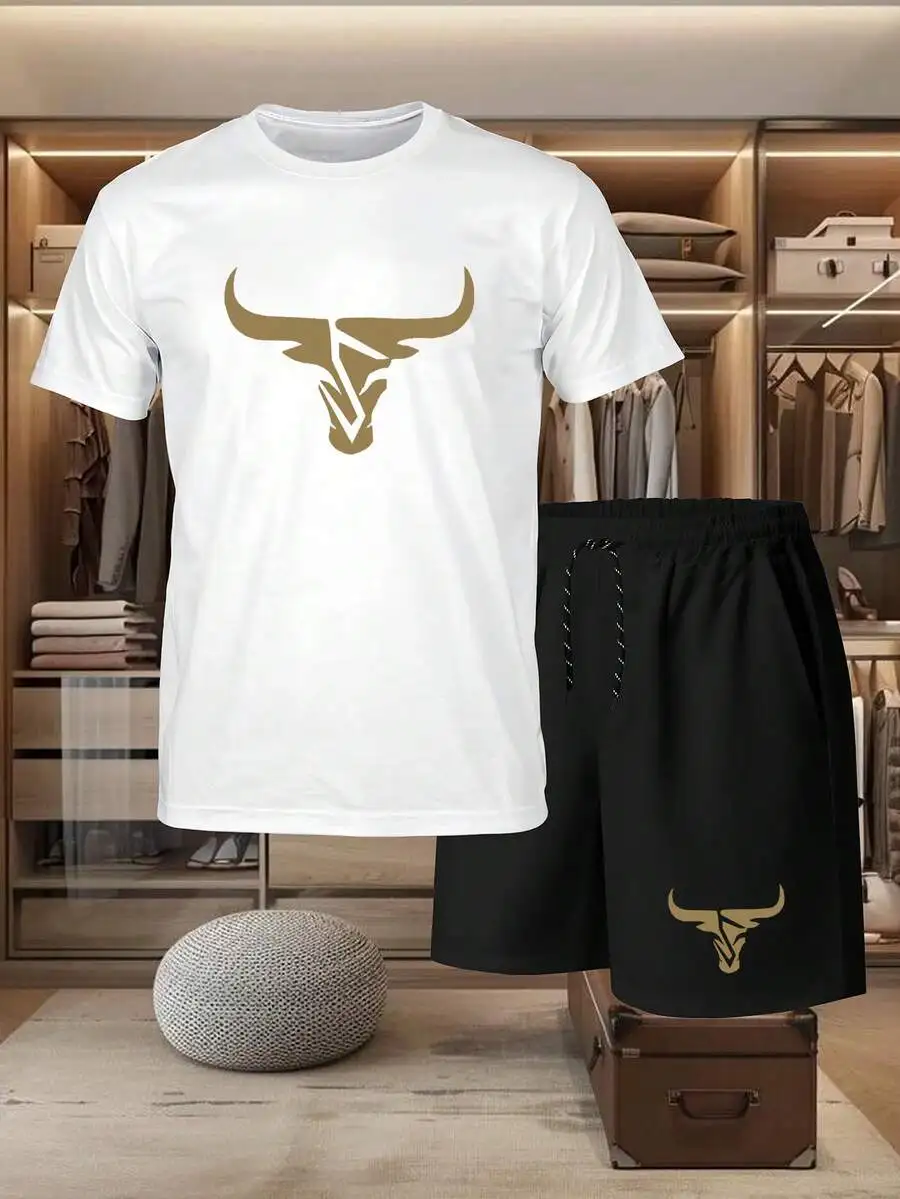 

Mens 2-Piece Short Sleeve T-Shirt And Shorts Set With Bull Head Print Casual Sportswear
