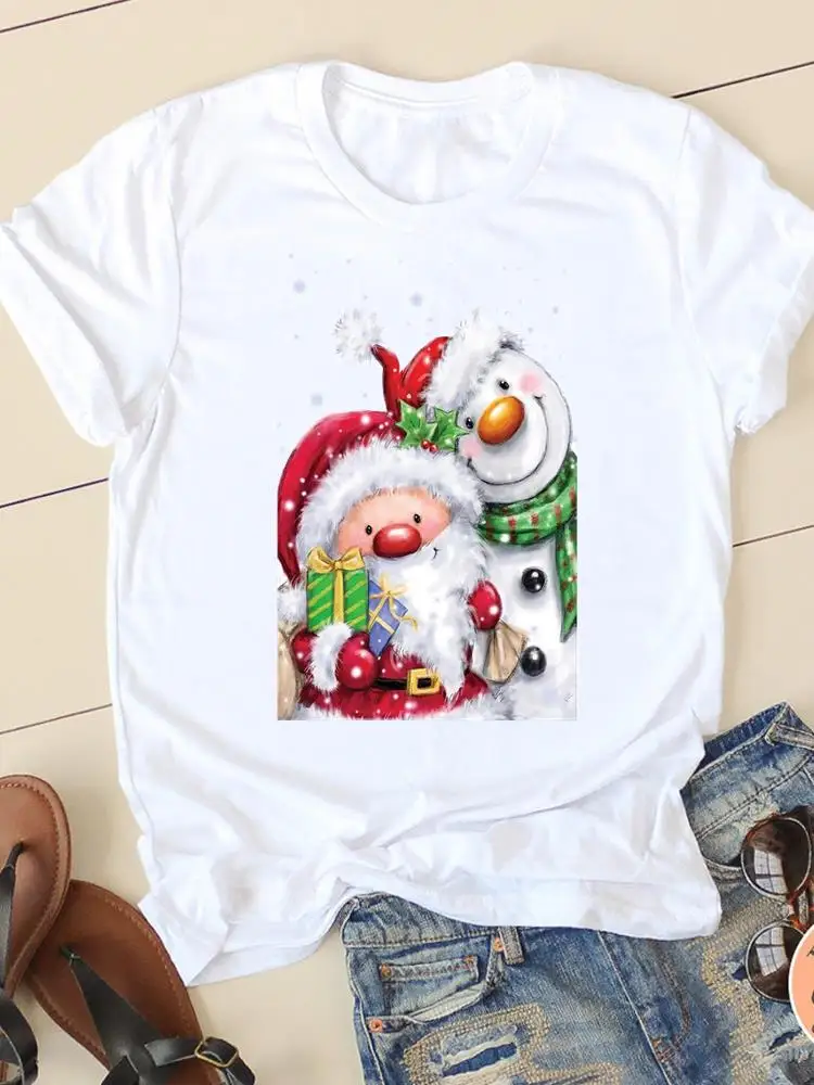 

Cartoon Lovely Style Cute Women Clothes Prints O-neck New Year Graphic T-shirt Christmas Fashion Lady Casual Female Shirt Tee