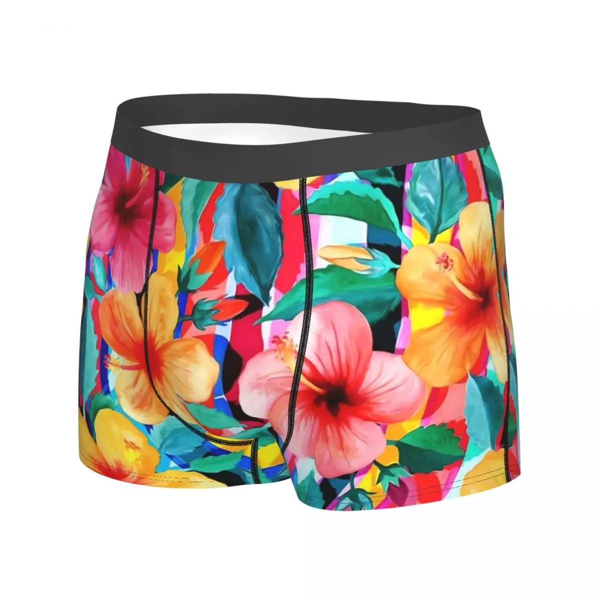 Floral With Stripes Underwear Hawaiian Hibiscus Pouch High Quality Trunk Printing Boxer Brief Plain Males Panties Plus Size