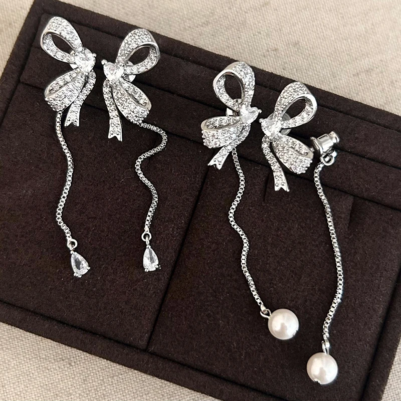 

PONYKISS 925 Sterling Silver Zircon Pearl Bowknot Tassel Stud Earrings for Women Cute Detachable Fine Jewelry Accessories