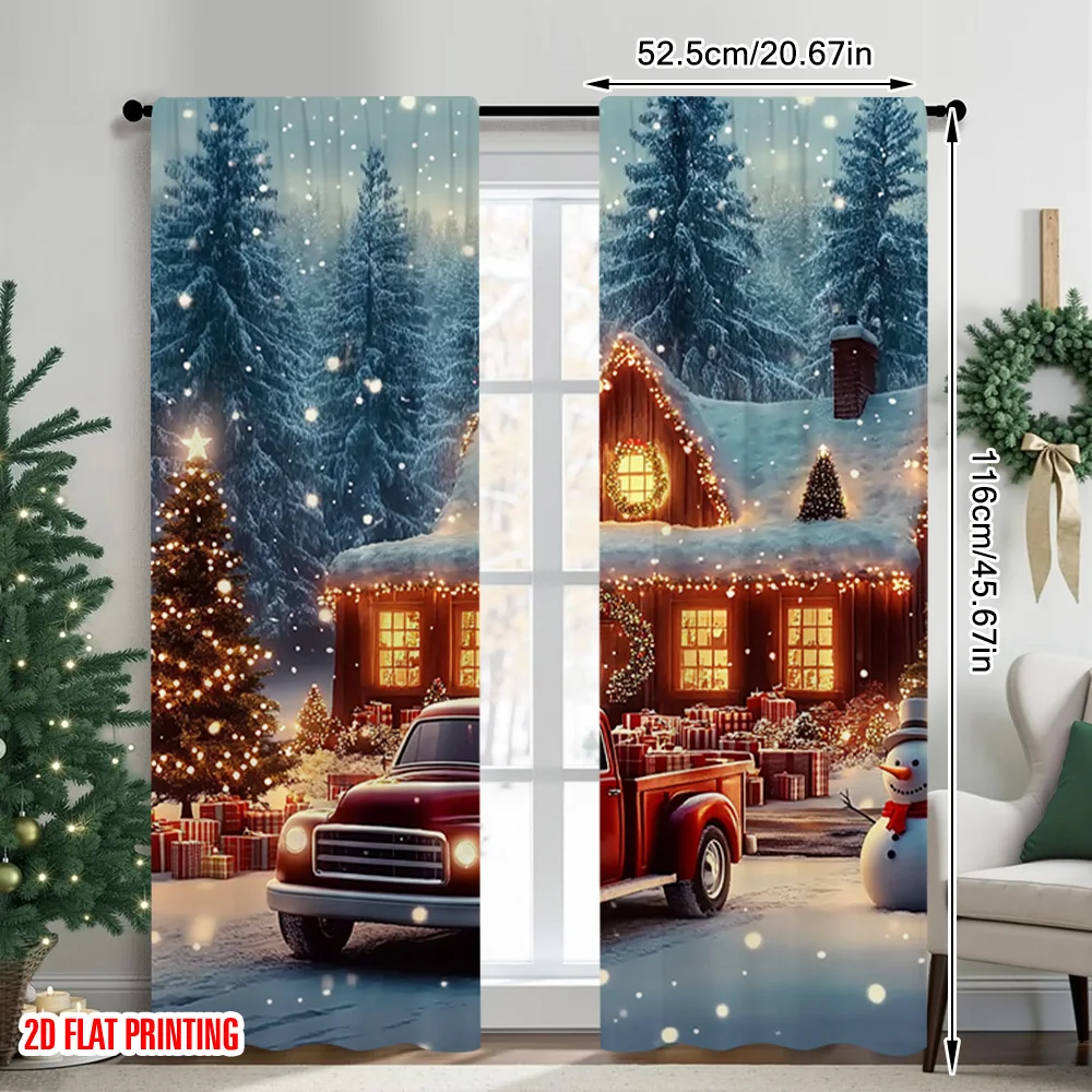 2pcs 2D flat printing Merry Christmas Scene Curtains Christmas Winter Lodge Versatile 100% Polyester Without Electricity Spring