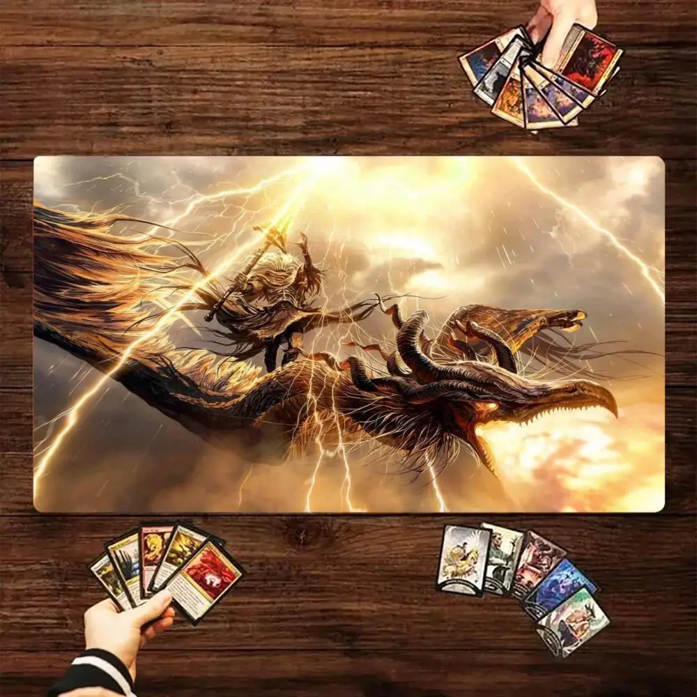 Golden Glow Twin Dragon Mouse Pad Card Playmat Stitched Edge Large Size Tabletop for MTG/TCG Card Battle Gaming Mat