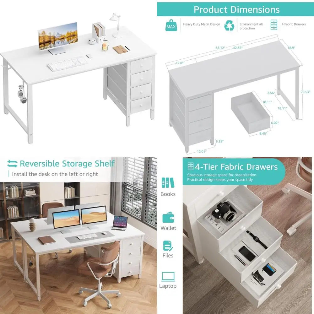 

55 Inch Long Simple Modern Study Writing Desk with Drawers for Home Office and Bedroom - Reversible Desk for Work and Study