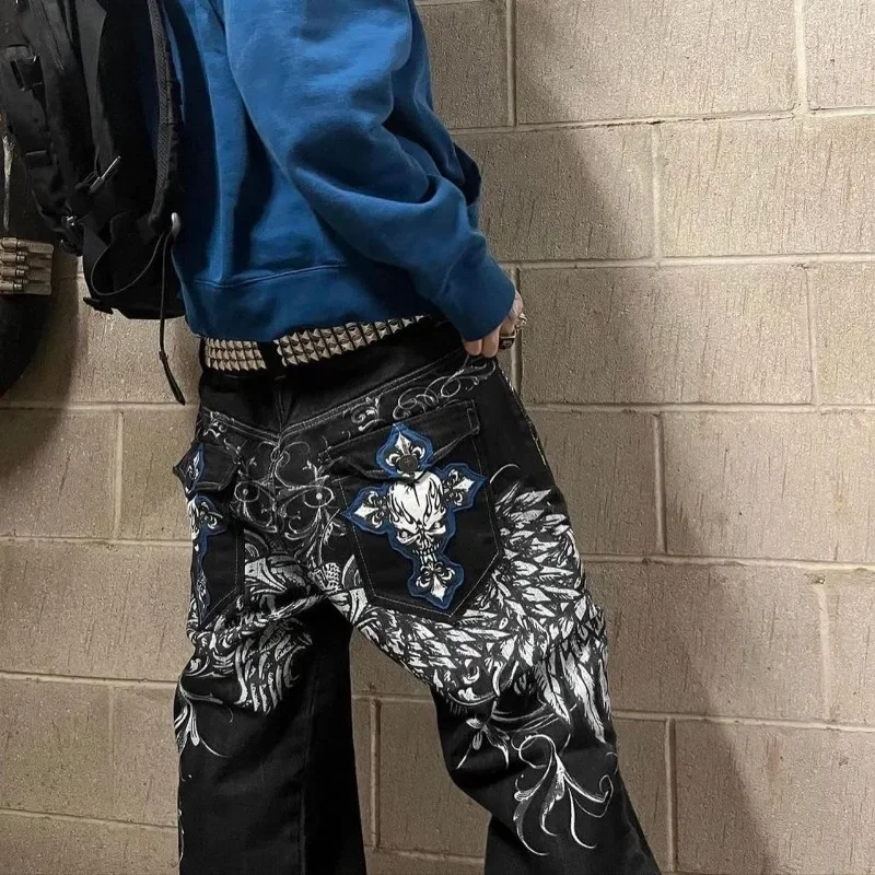 Pantalones vaqueros con estampado gótico geométrico de calavera de hip-hop Vintage para hombre, pantalones holgados rectos de cintura alta de calle popular, ropa de moda para hombre